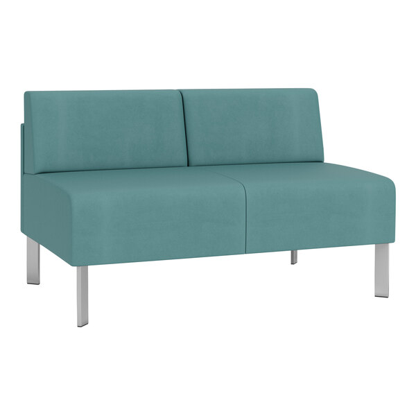 A teal Lesro Luxe Loveseat with silver legs.