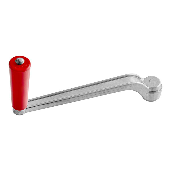 A red handle on a metal handle.