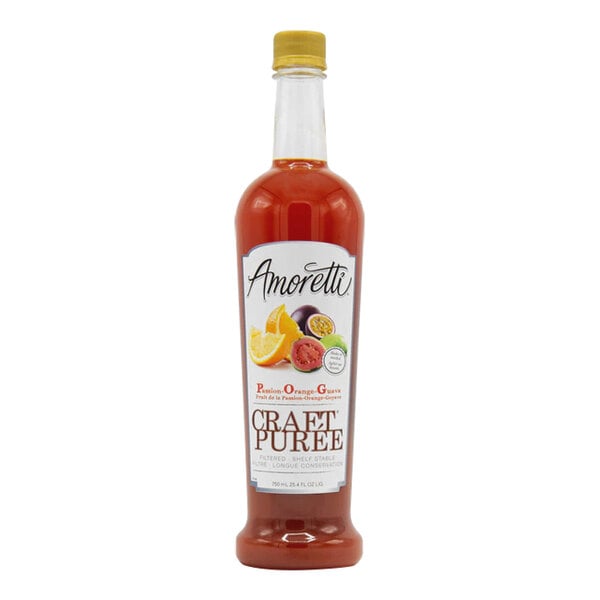 A bottle of Amoretti Passion-Orange-Guava craft puree with a label.