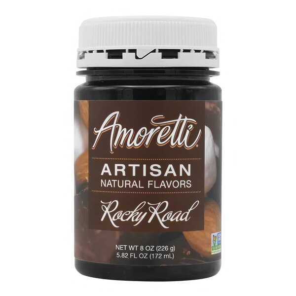 A black jar of Amoretti Rocky Road artisan natural flavor paste with a brown label.