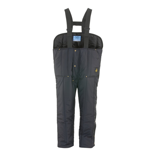 A pair of navy RefrigiWear Iron-Tuff overalls with black straps.