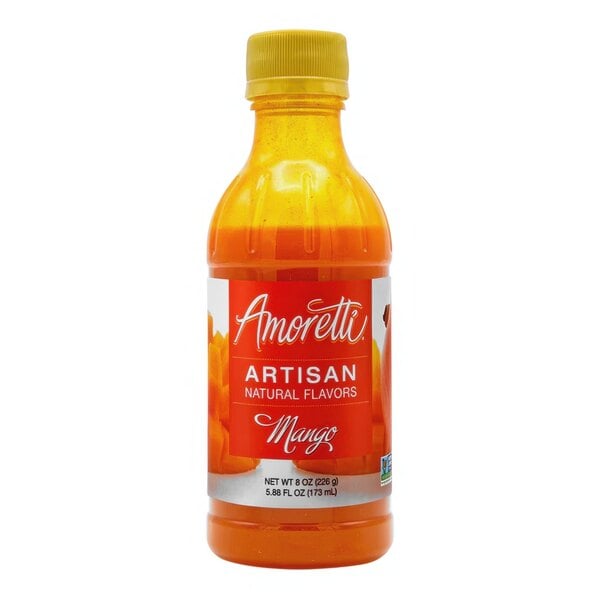 A bottle of Amoretti Mango Artisan Natural Flavor Paste with orange liquid inside.