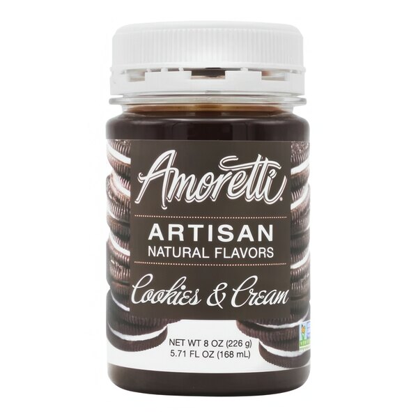 A jar of Amoretti Cookies and Cream Artisan Natural Flavor Paste with a white label.