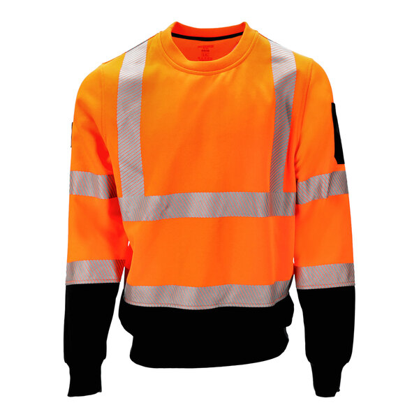 An orange and black RefrigiWear crewneck fleece with reflective tape.