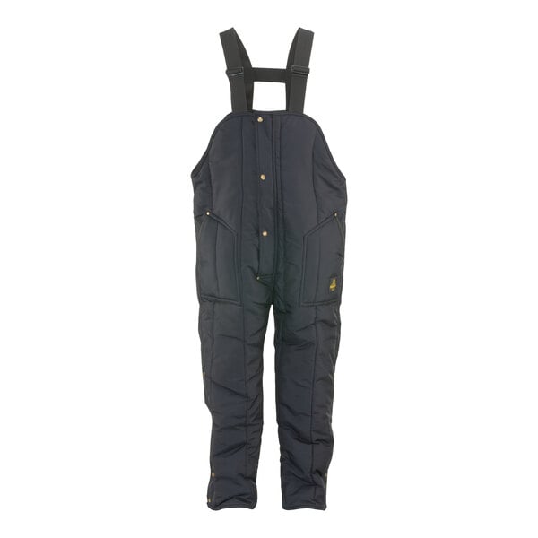 A pair of navy blue RefrigiWear Iron-Tuff bib overalls with black straps.