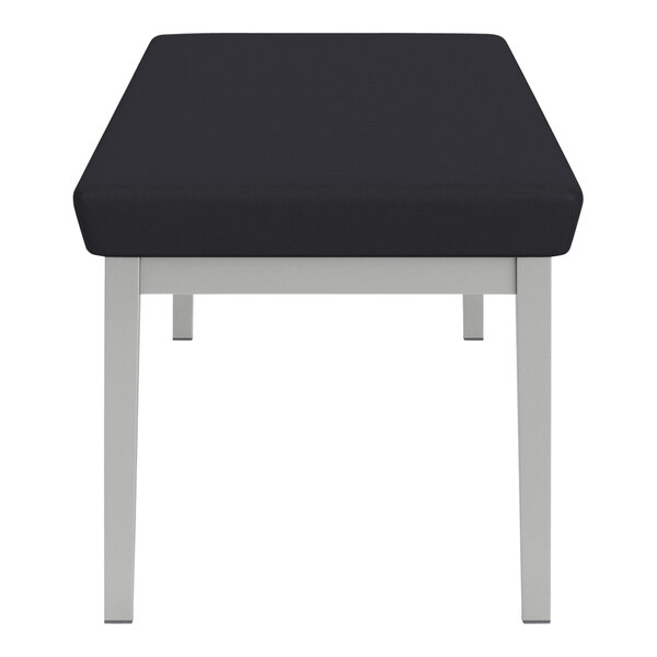 A black Lesro Lenox steel bench with black vinyl seats and a metal frame.