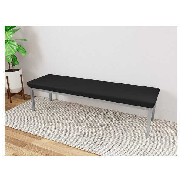 A Lesro Lenox black steel bench with black vinyl seats and a metal frame.