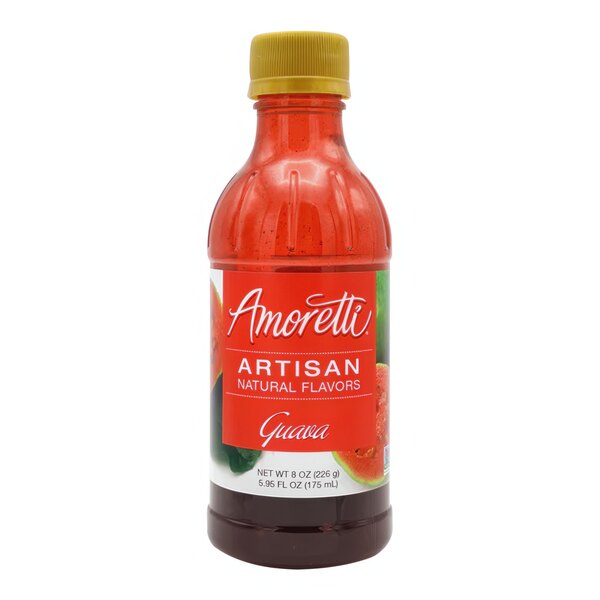 A close up of a bottle of Amoretti Guava Artisan Natural Flavor Paste with a label.