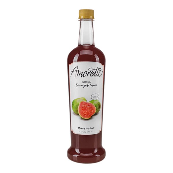 A close up of a bottle of Amoretti Guava Beverage Infusion with a label.