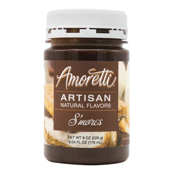 An 8 oz. brown jar of Amoretti S'mores Artisan Natural Flavor Paste with a white label and cap.