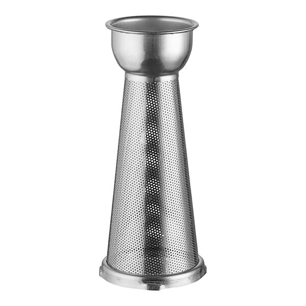 A stainless steel filter cone with holes.