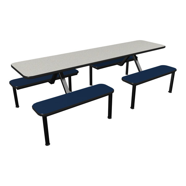 A Plymold white cafeteria table with blue and black benches.