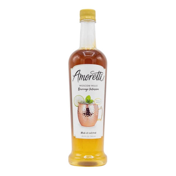 A bottle of Amoretti Moscow Mule beverage infusion with a white label.