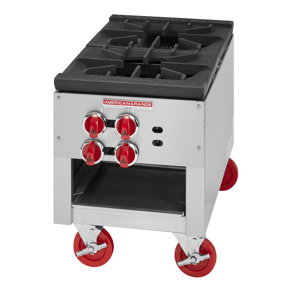 An American Range liquid propane stock pot stove with red wheels.