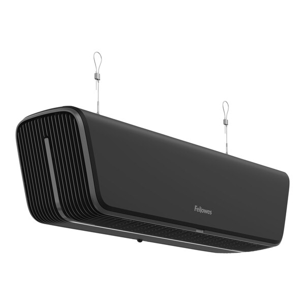 A black rectangular Fellowes Array Ceiling Air Purifier with a metal frame and wires attached to it.