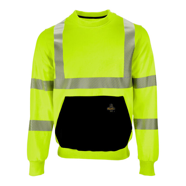 A yellow and black RefrigiWear crewneck sweatshirt with reflective stripes.