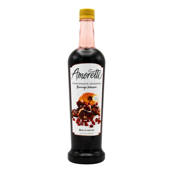 A bottle of Amoretti Pomegranate Grenadine Beverage Infusion on a white background.