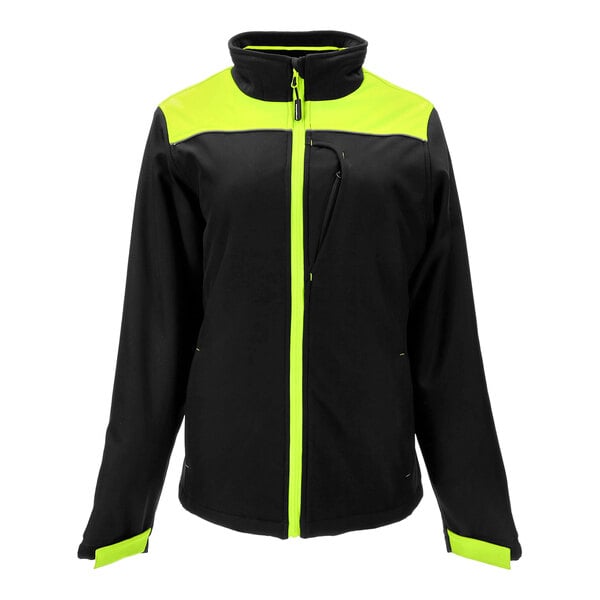 A black and neon yellow RefrigiWear women's softshell jacket.