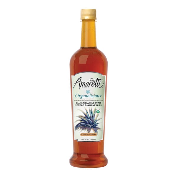A bottle of Amoretti Organolicious Organic Amber Blue Agave Nectar with a label.