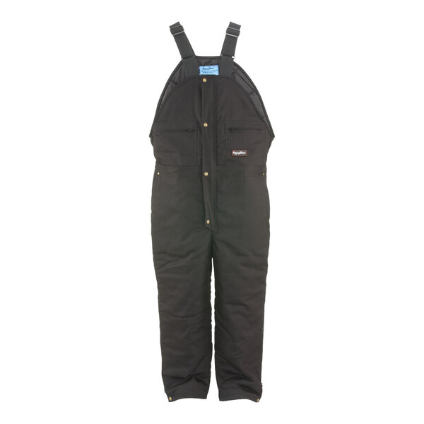 A black RefrigiWear bib overall with straps and an adjustable waist.