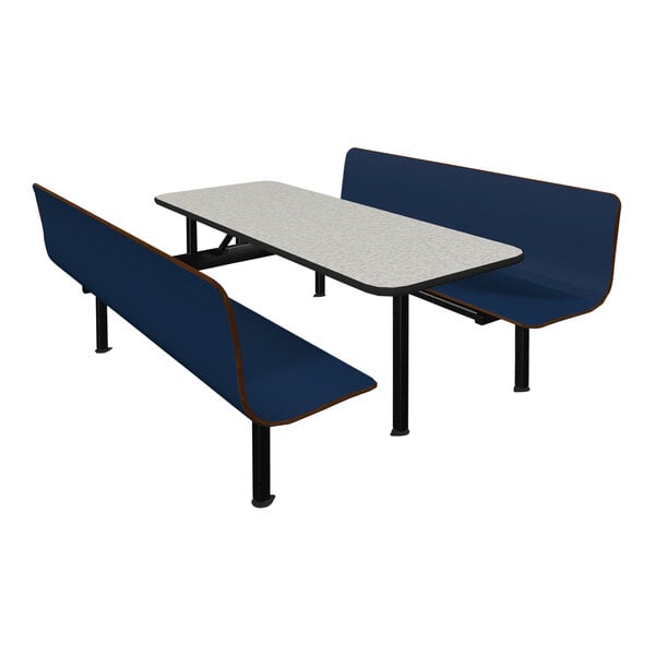 A white Plymold table with blue benches.