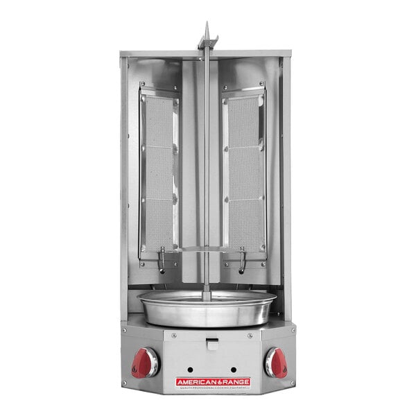 An American Range stainless steel vertical broiler with a metal pole.