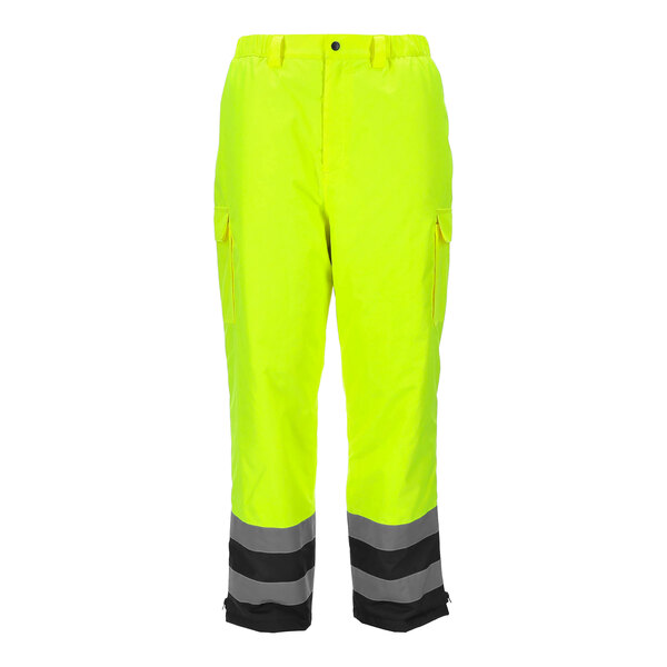 A pair of bright yellow RefrigiWear HiVis insulated pants with black accents.