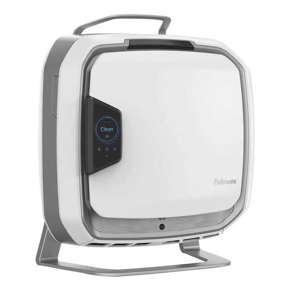 A white Fellowes Array air purifier with black accents and a black handle.