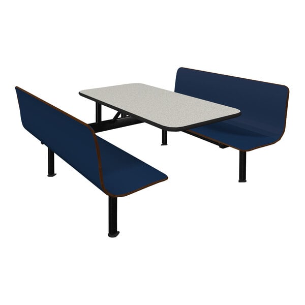 A white Plymold table with blue bench seats.