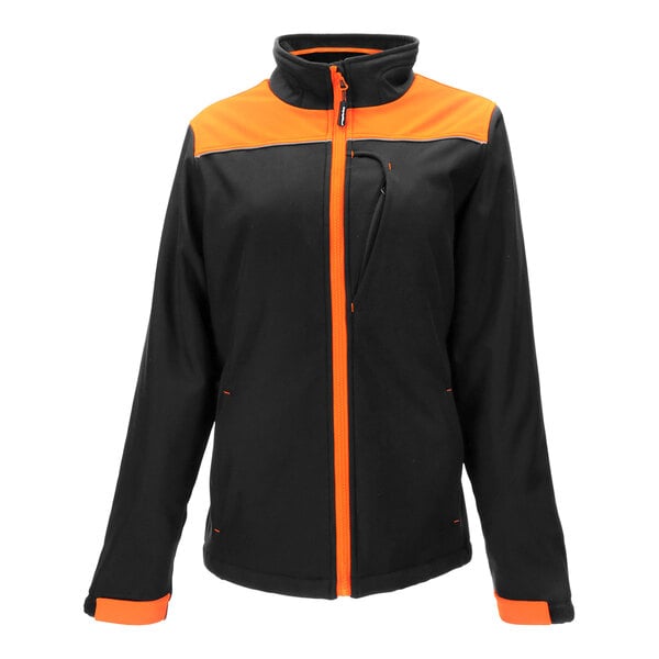 A black and orange Refrigiwear women's softshell jacket.