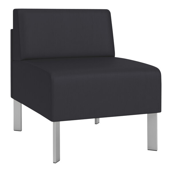 A Lesro Luxe Lounge black vinyl guest chair with steel legs.