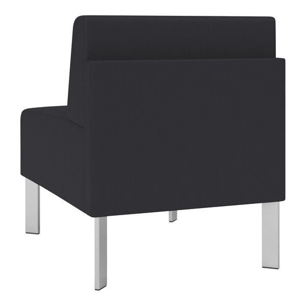 A Lesro Luxe Lounge black vinyl guest chair with steel legs.