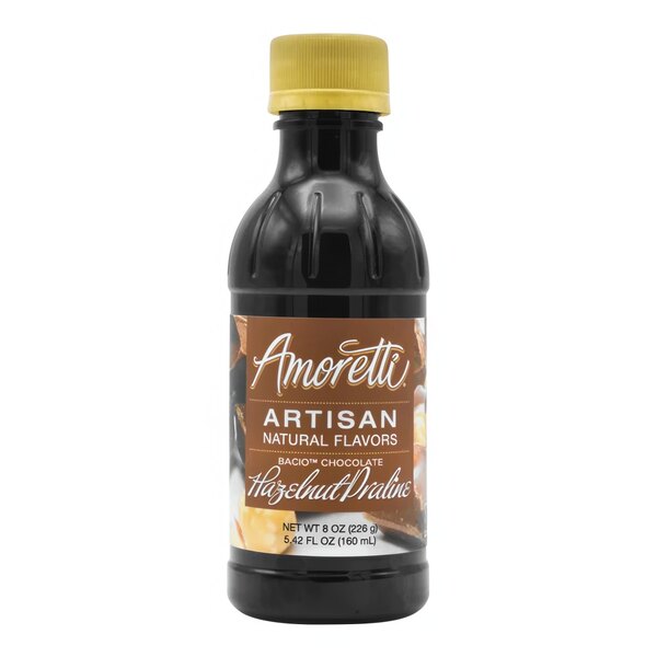A bottle of Amoretti Bacio Chocolate Hazelnut Praline Artisan Natural Flavor Paste with a brown label and a yellow cap.