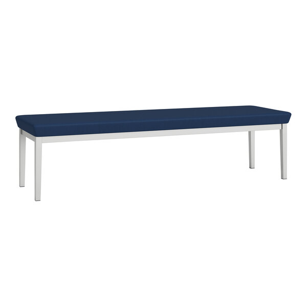 A blue Lesro Lenox bench with white legs.