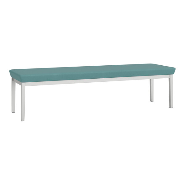 A Lesro Lenox steel bench with blue vinyl cushions.