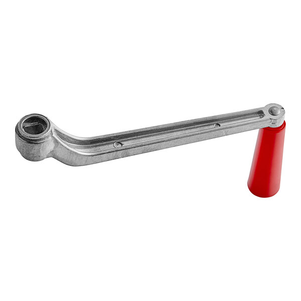 A red Tre Spade handle on a metal pipe.