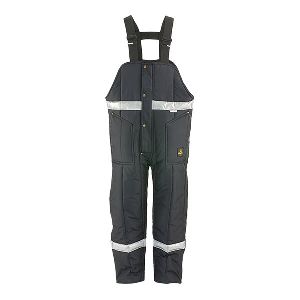 A black RefrigiWear overall with silver reflective tape.
