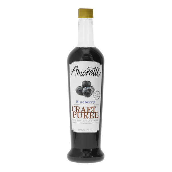 A bottle of Amoretti Blueberry Craft Puree with a white label with blueberries.