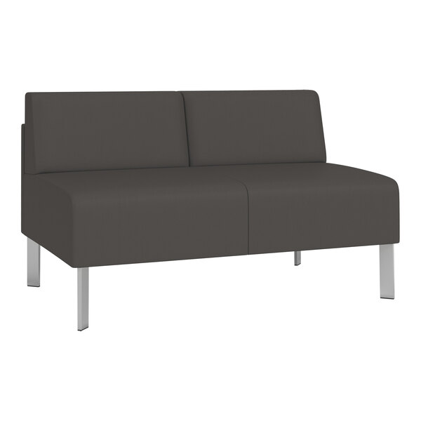 A grey loveseat with steel legs.