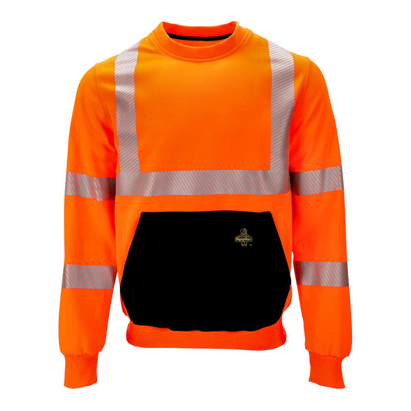 A RefrigiWear orange and black crewneck sweatshirt with reflective stripes.