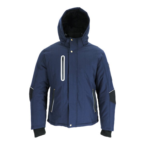 A navy blue RefrigiWear hooded utility jacket with a zipper.