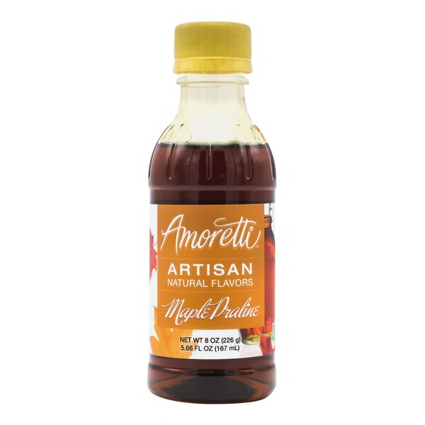 A bottle of Amoretti Maple Praline Artisan Natural Flavor Paste with a yellow label.
