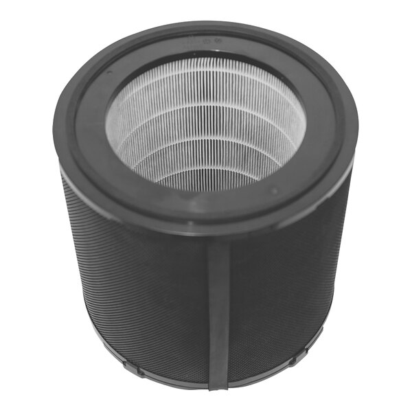 A black air filter with a white mesh.