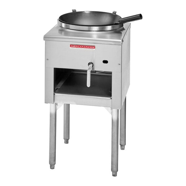 An American Range natural gas wok range with a wok ring on top of a metal stove.