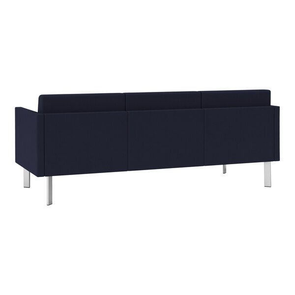 A navy blue Lesro Luxe Lounge 3-seat sofa with steel legs.