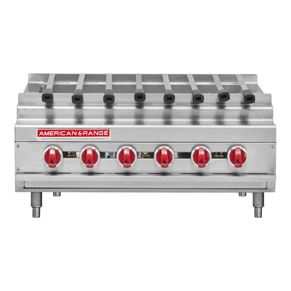 An American Range 8-burner kebab broiler.