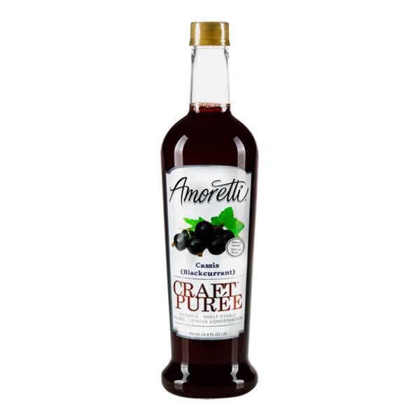 A bottle of Amoretti Cassis Craft Puree with a label on a white background.