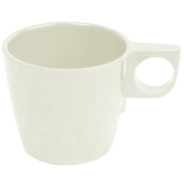 A white melamine cup with a handle.