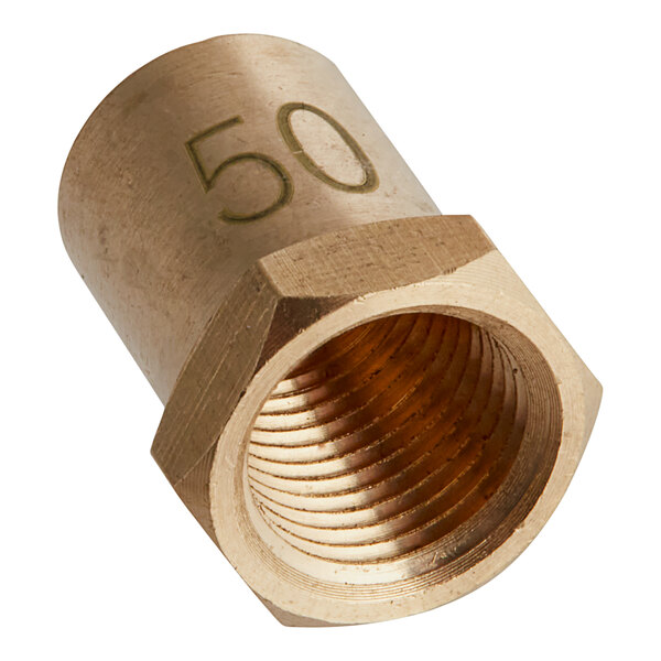 A close-up of a brass Avantco liquid propane orifice nut with the number 50 on it.