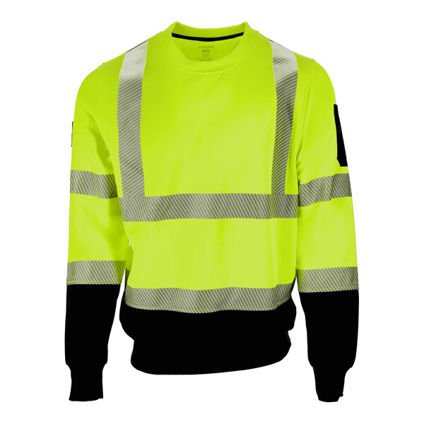 A black and lime green RefrigiWear crewneck sweatshirt with reflective tape.